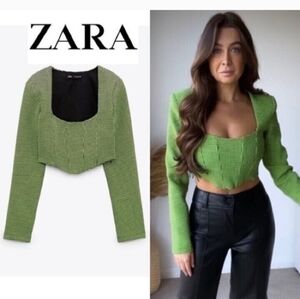Zara neon fluorescent green black houndstooth longsleeve corset bustier crop top